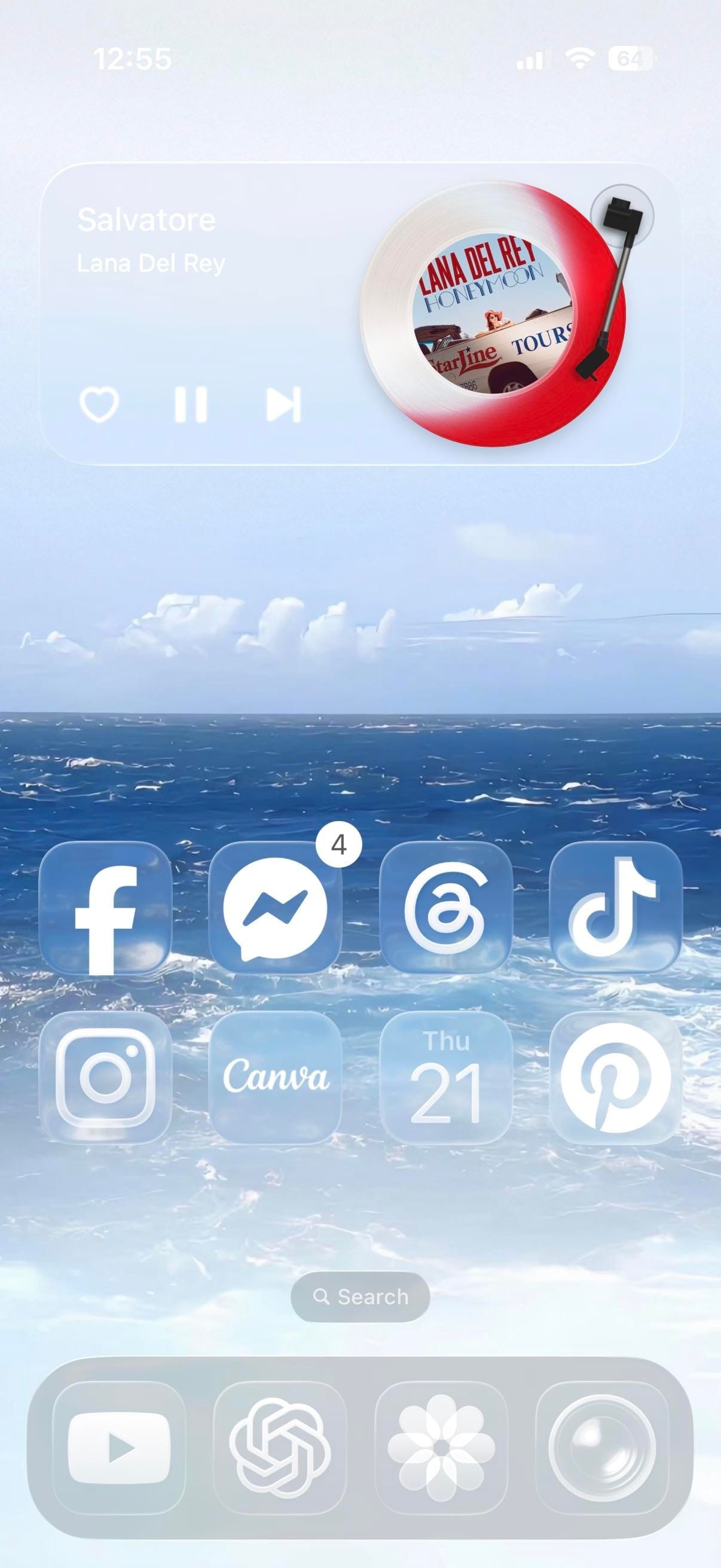 Ocean wallpaper home screen with a Lana Del Rey music widget