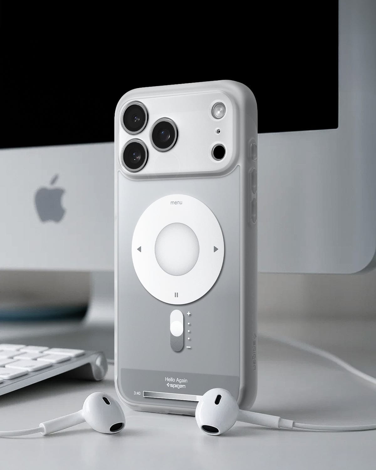 ACS10044 - iPhone 17 Pro Max Case Ultra Hybrid Classic (MagFit) in Classic Silver showing back of the case with airpods
