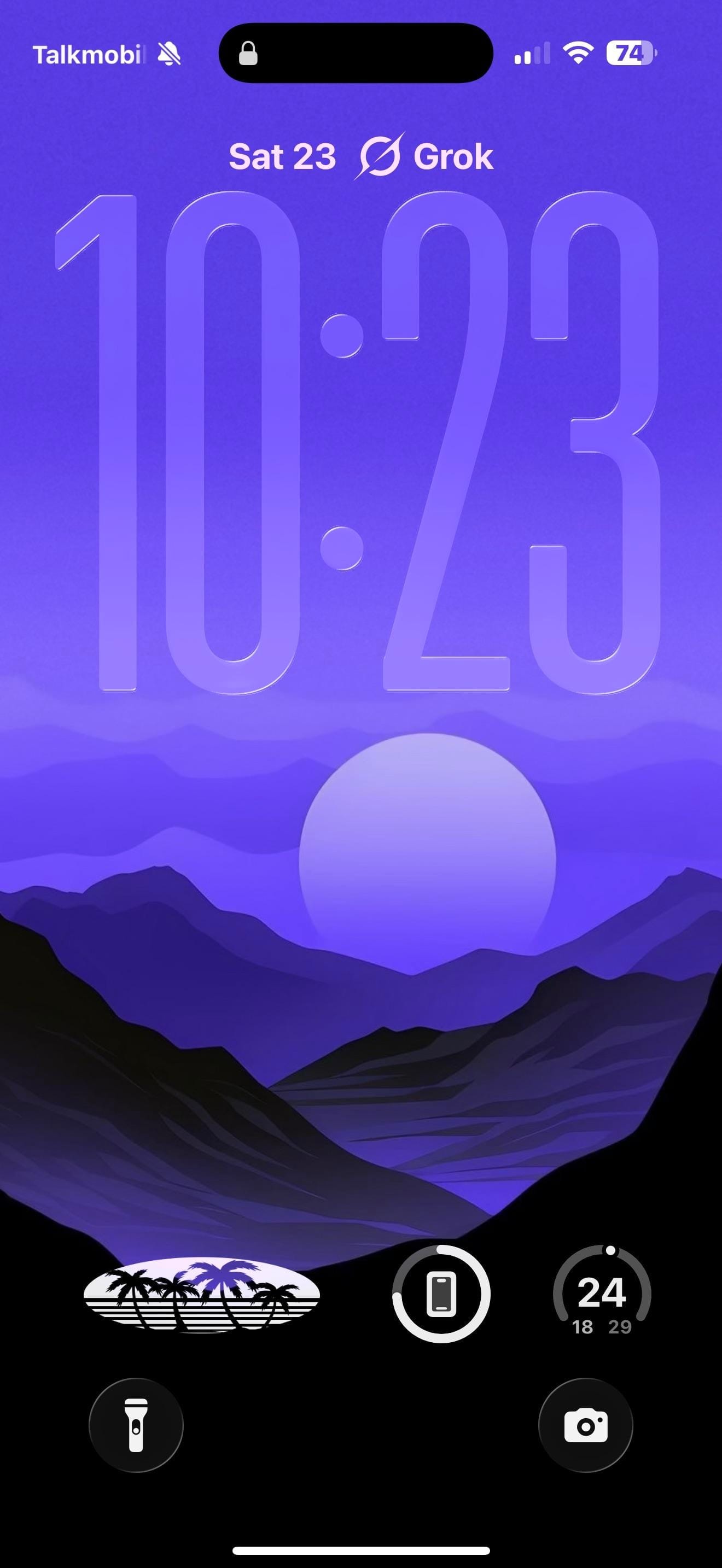 Six streaming apps in a pill widget on a vivid purple home screen