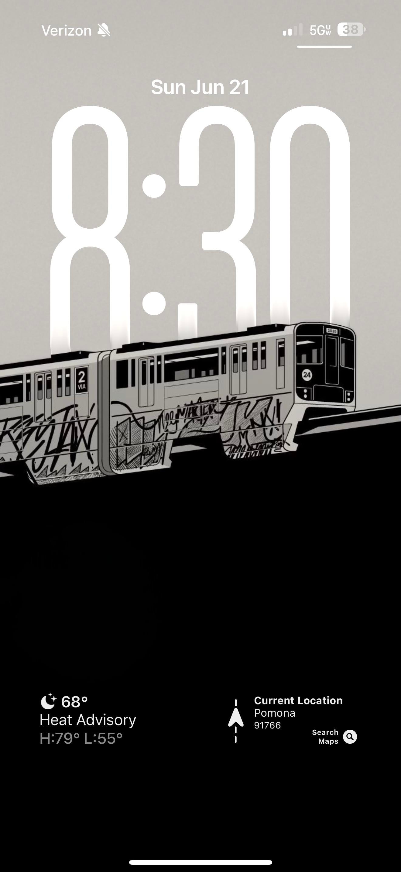 A black-and-white graffiti train runs the look