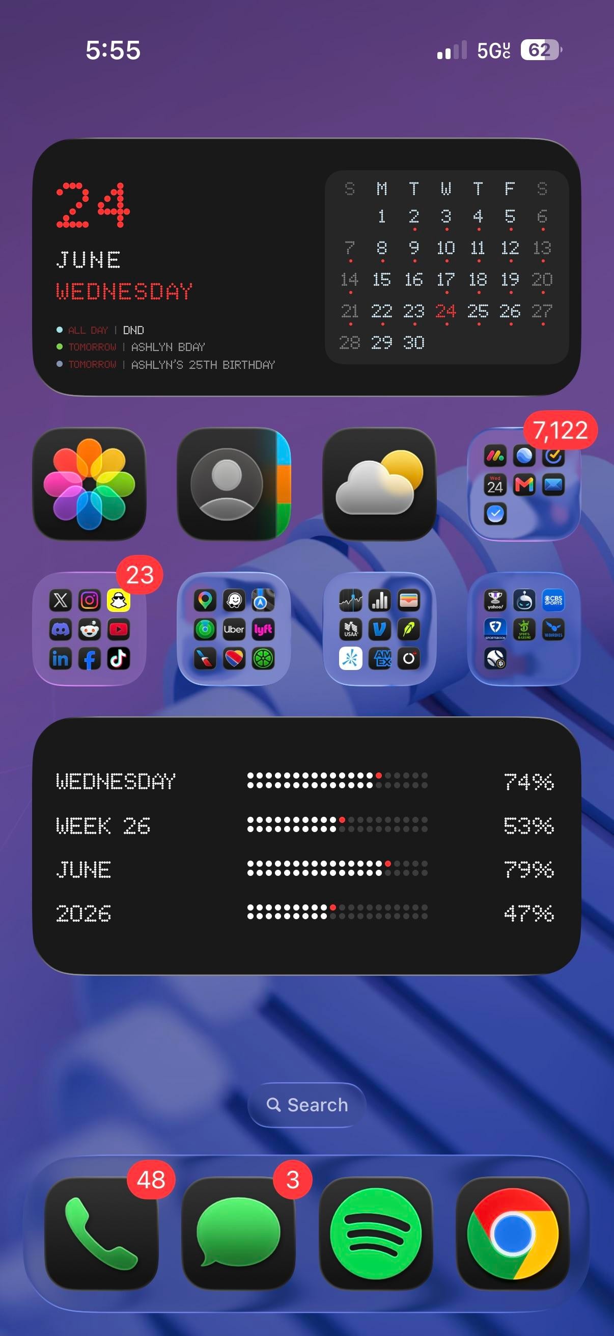 Dot-matrix widgets over a purple coil wallpaper