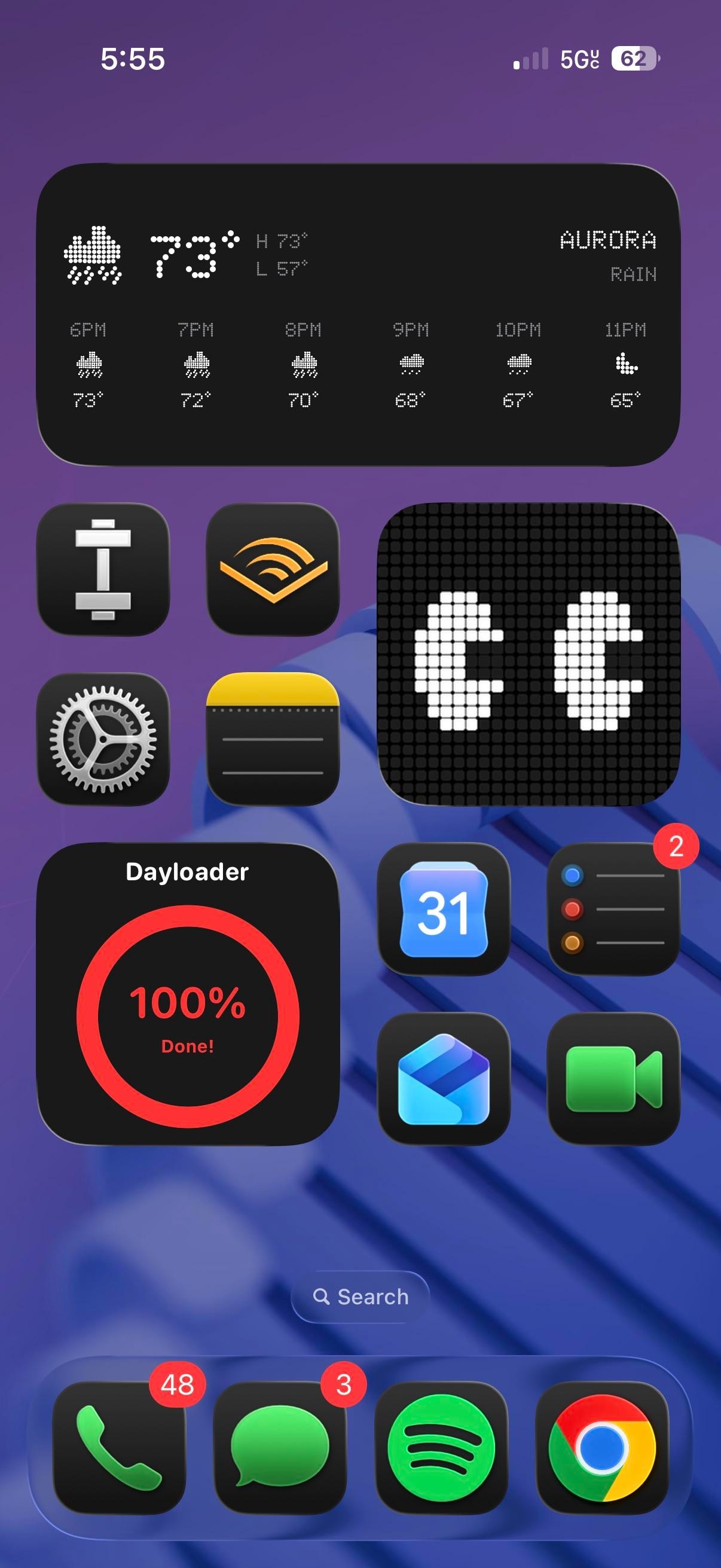 Dot-matrix widgets over a purple coil wallpaper