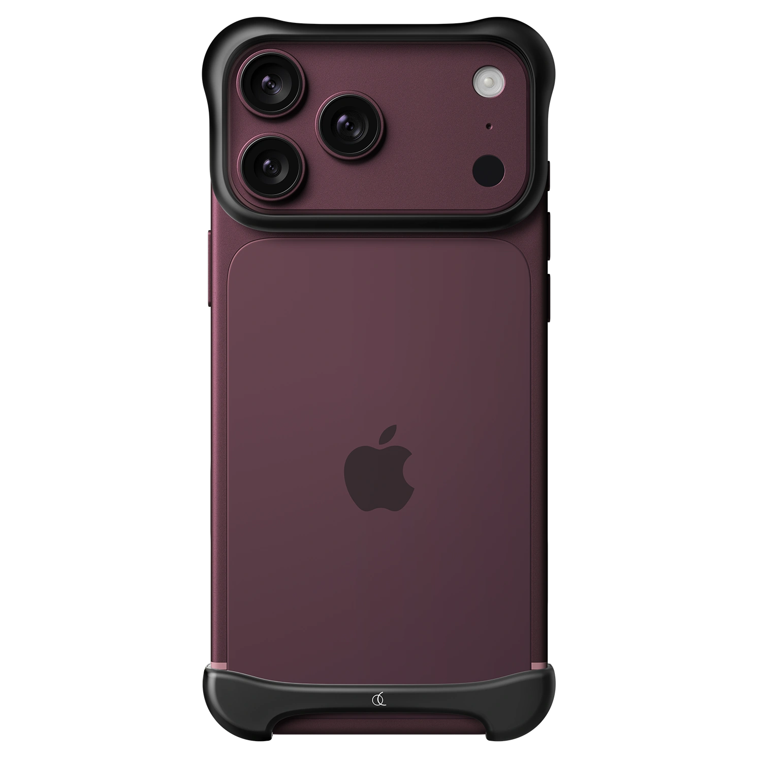 Arc Pulse for iPhone 18 Pro, Matte Black aluminum on a dark red iPhone