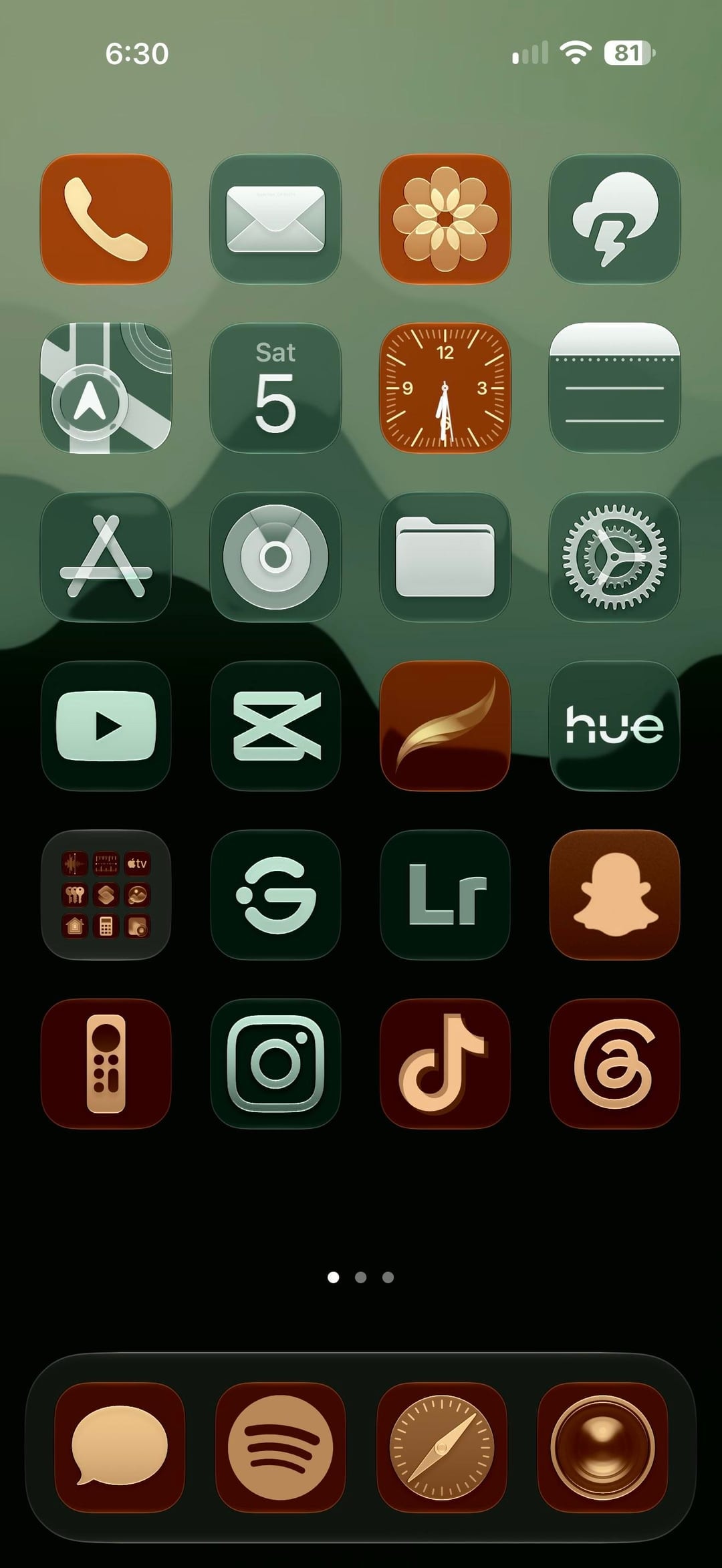 Forest green and clay icons under a stretched glass clock