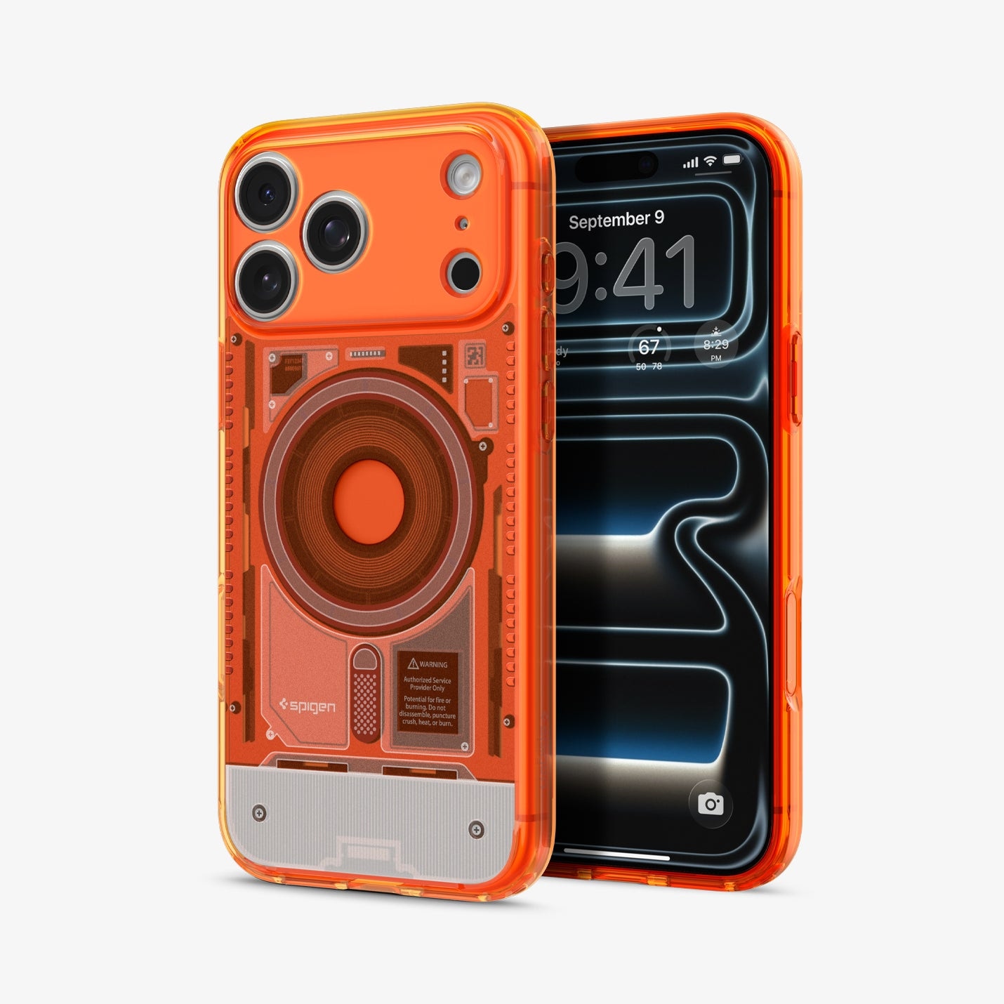 ACS11755 - iPhone 18 Pro Max Ultra Hybrid C-One (Mag Fit) Tangerine showing a transparent case with a detailed internal-inspired design