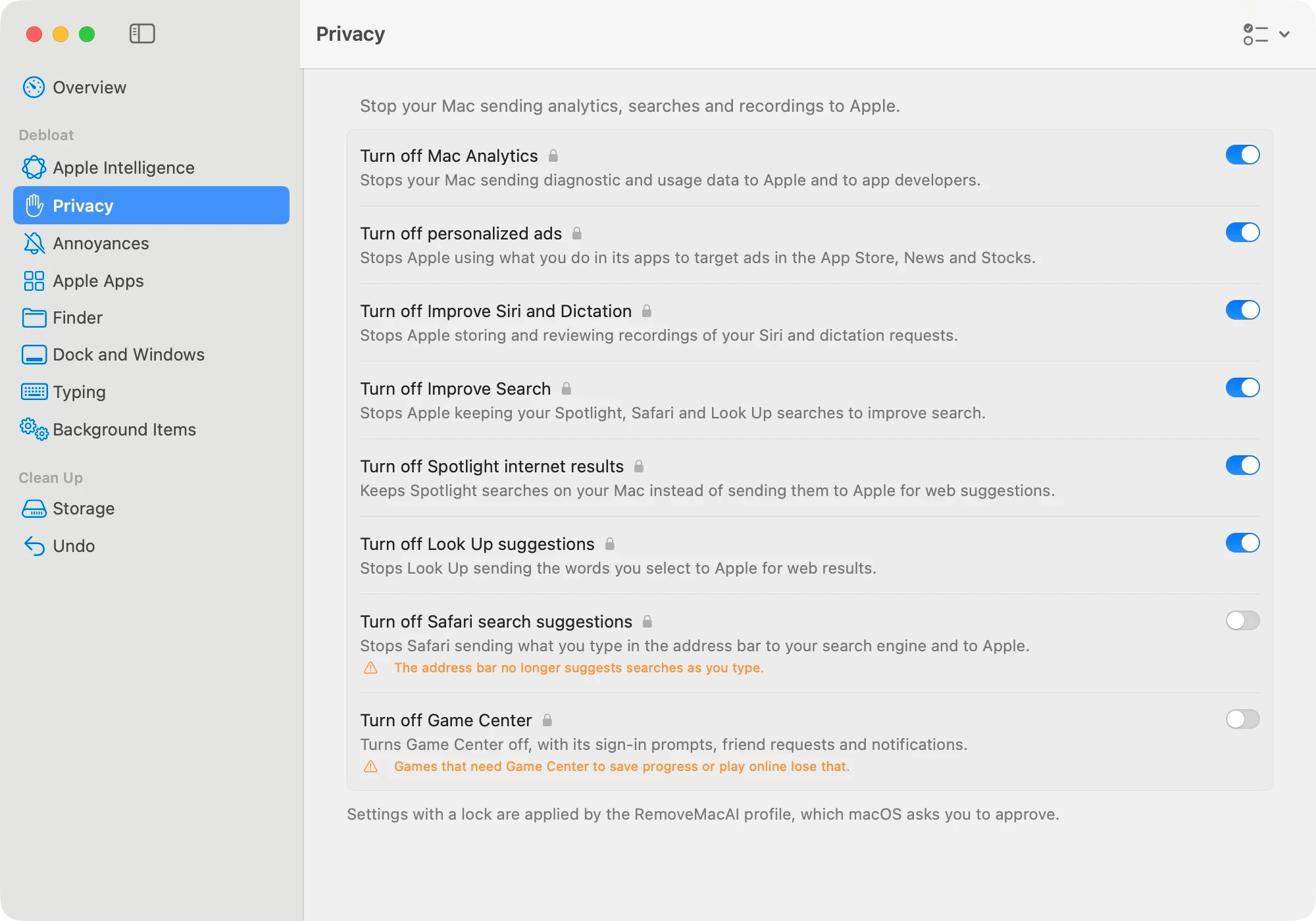 Privacy settings in RemoveMacAI