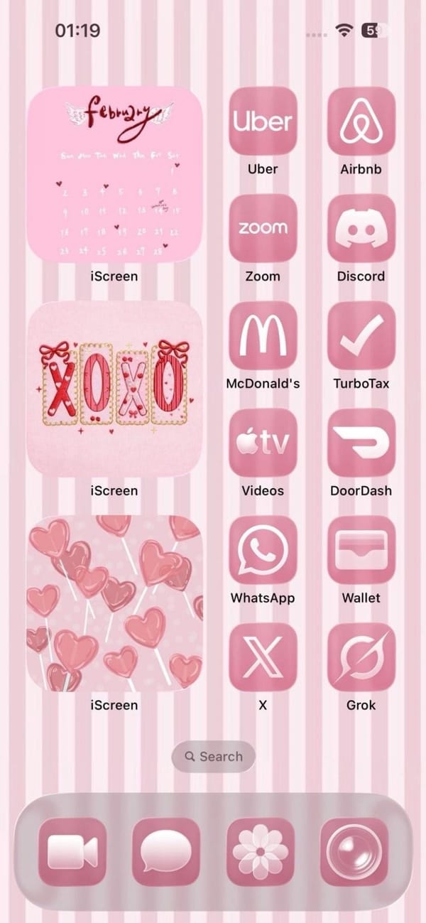 A candy-pink home screen with a stamp collection lock screen