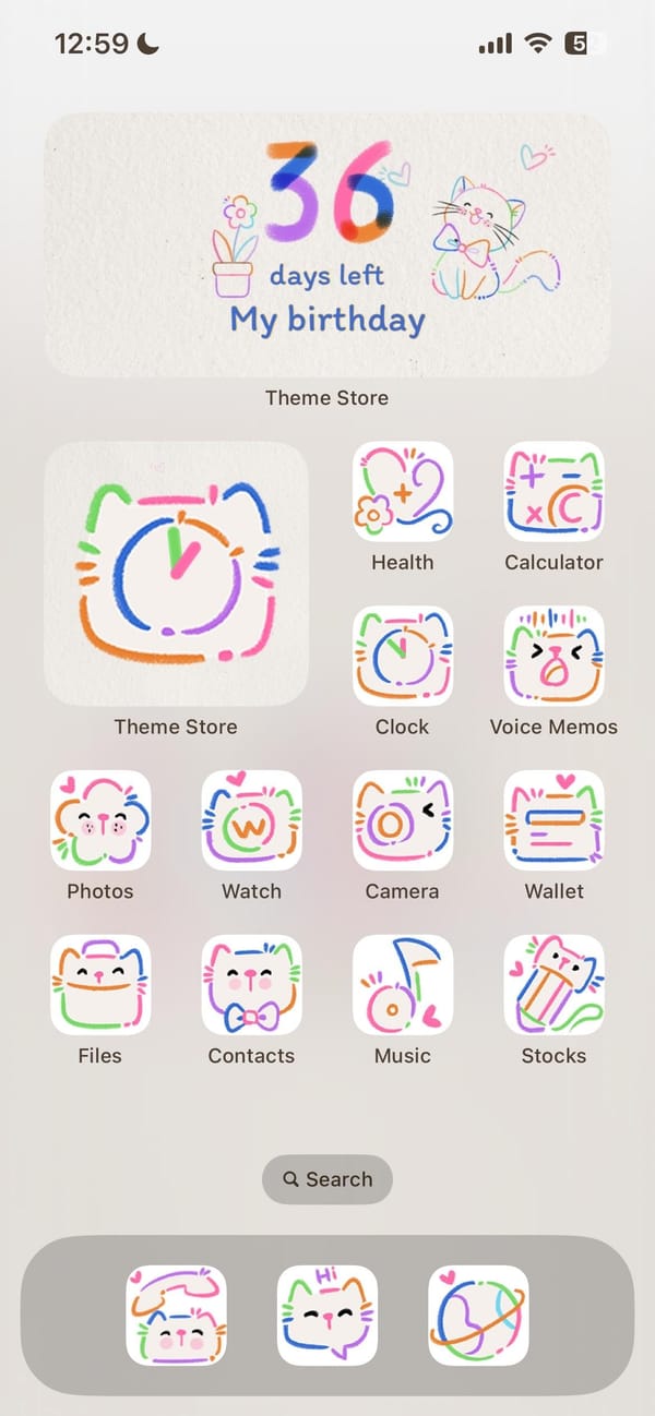 Colorful cat doodles, lock screen to dock