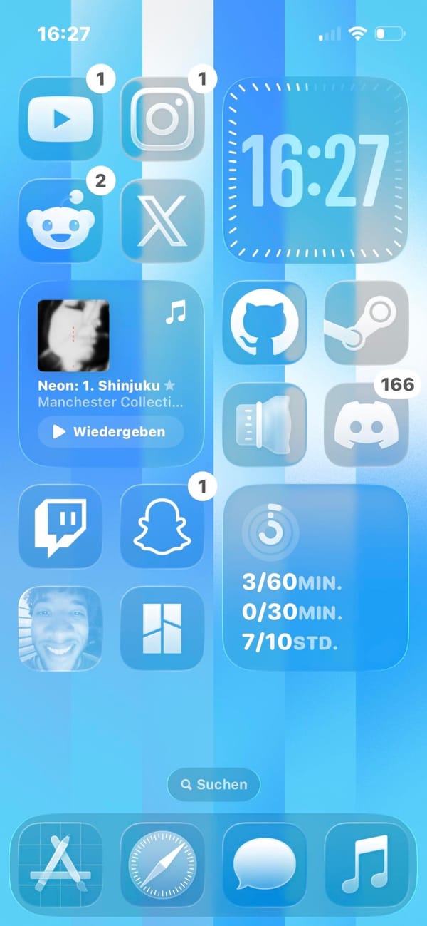 A developer iPhoner on a sky-blue stripe wallpaper