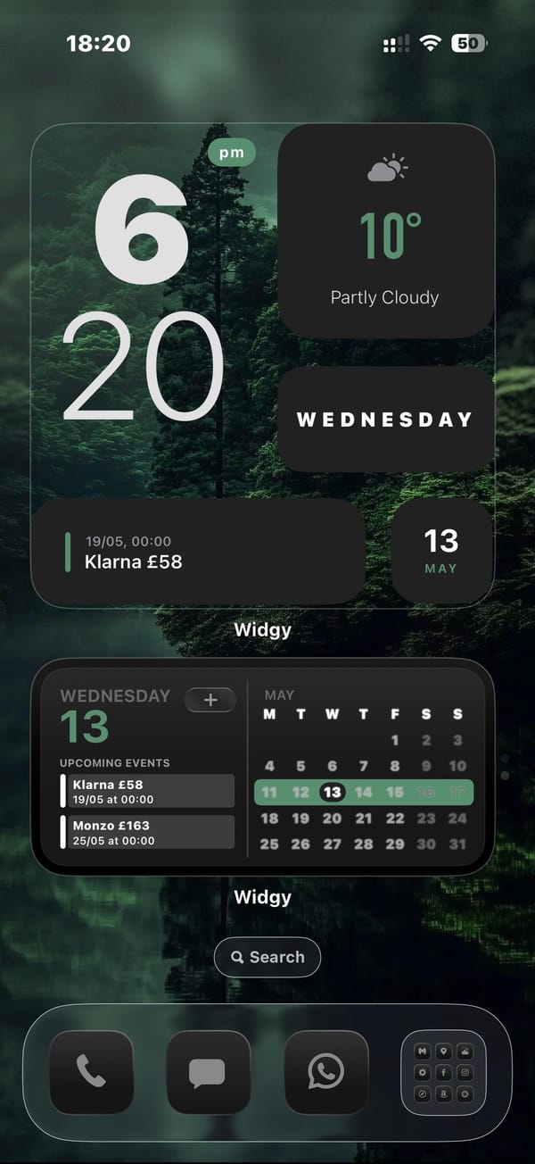 Dark forest home screen with two Widgy widgets and no icons