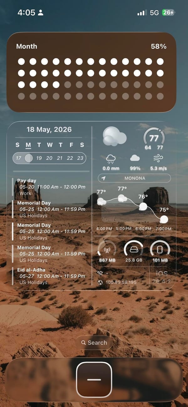 Desert wallpaper, habit tracker, and a full calendar widget