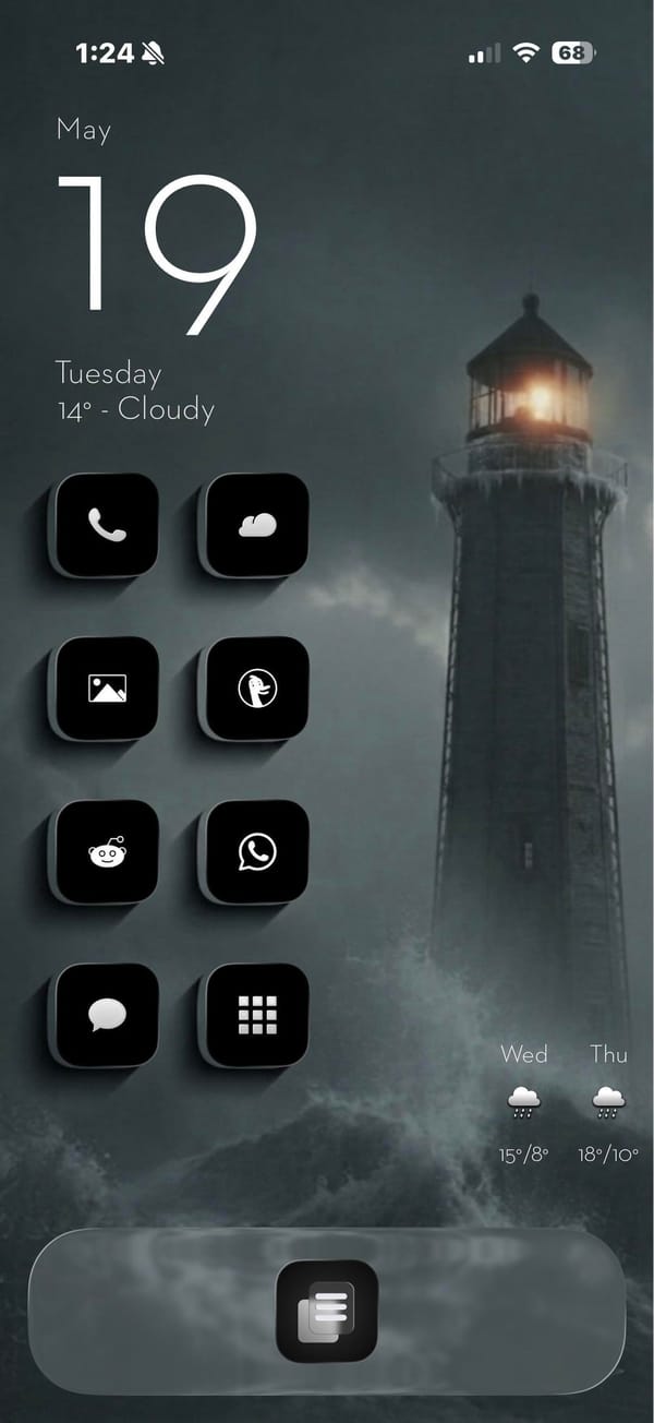 A stormy lighthouse wallpaper and a minimal black icon set