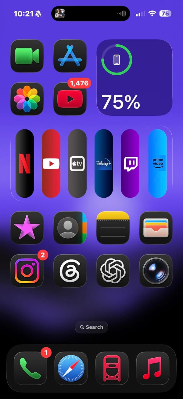 Six streaming apps in a pill widget on a vivid purple home screen