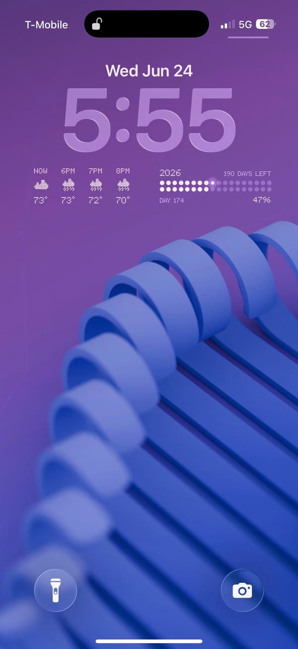 Dot-matrix widgets over a purple coil wallpaper